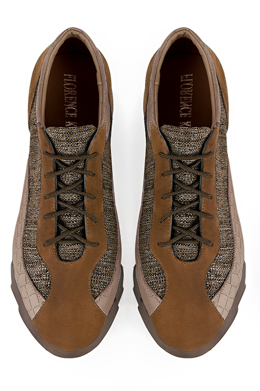 Caramel brown and tan beige women's three-tone elegant sneakers. Round toe. Low rubber soles. Top view - Florence KOOIJMAN